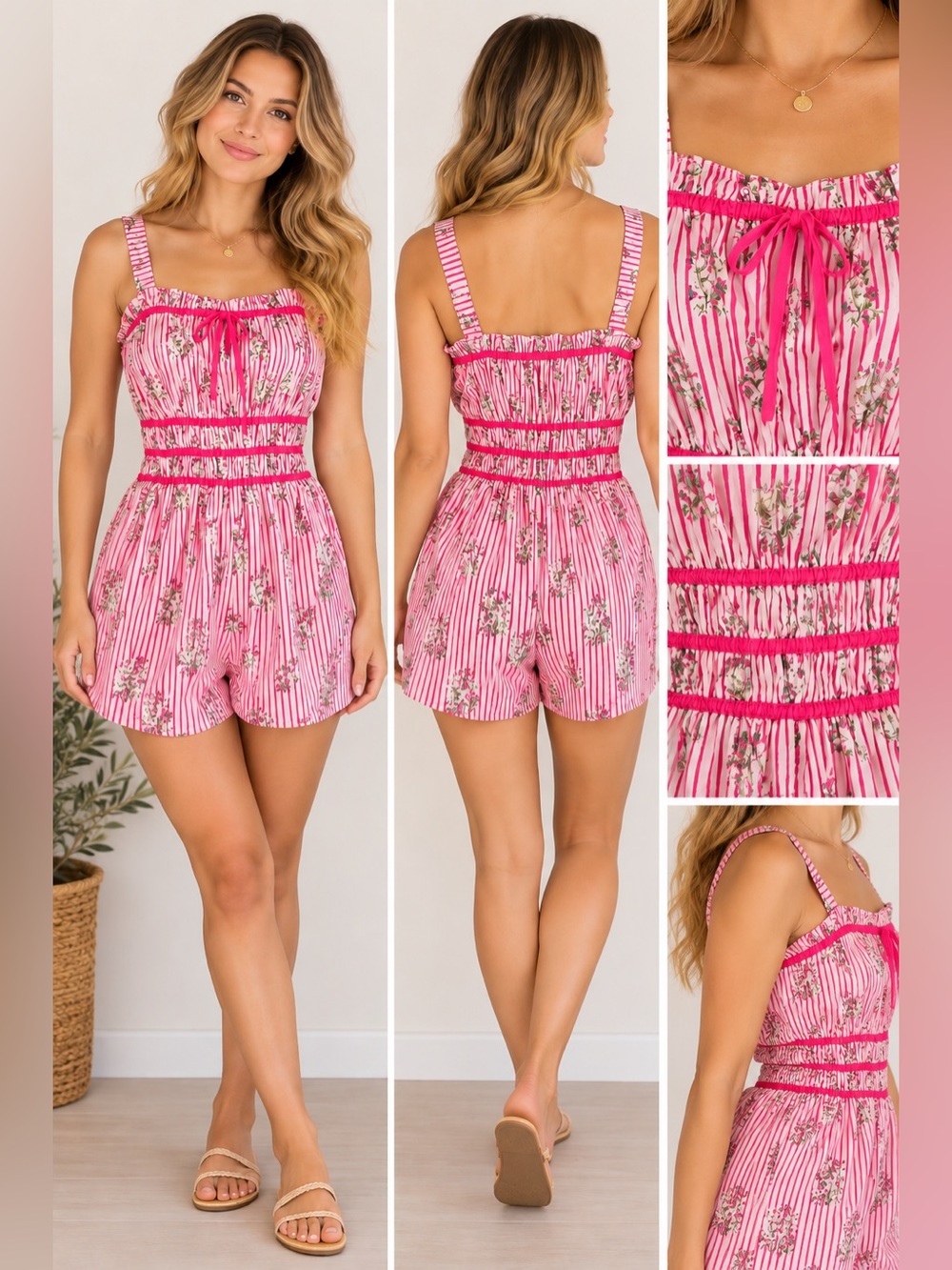 Umgee Pink Striped Romper With Floral Print Bow Detail Size Large